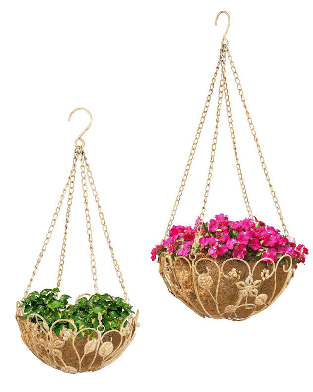 Set of 2 Vintage Cream Botanical Hanging Flower Baskets