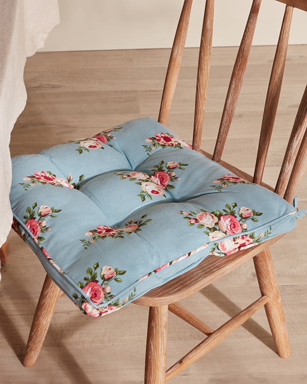 Dining Chair Blue Vintage Rose Tie on Cushion