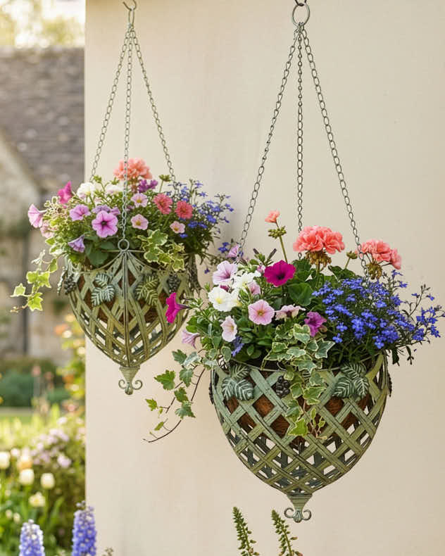 Set of 2 Green Vintage Hanging Baskets