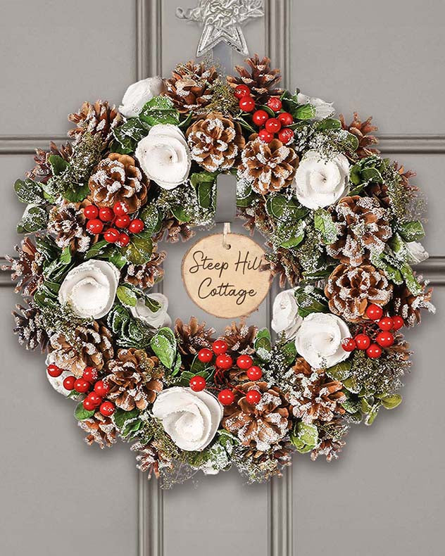 Brown & White & Red & Green Pinecone & Wood Wreaths - Personalised White Roses & Berries Wreath 35cm