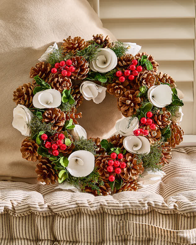 Brown & White & Red & Green Pinecone & Wood Wreaths - White Roses & Berries Winter Wreath 35cm