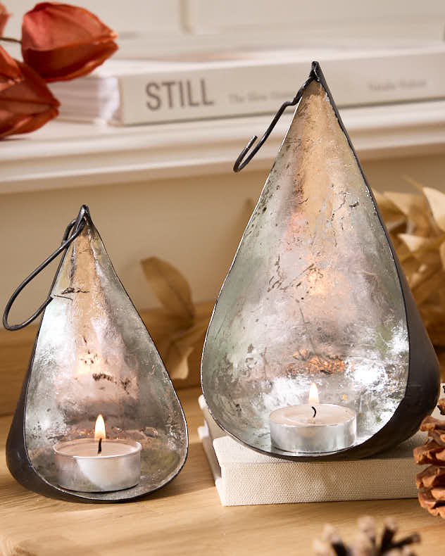 Silver & Black Recycled Iron Tea Light Holders - Set of 2 Hanging Silver Tealight Holders