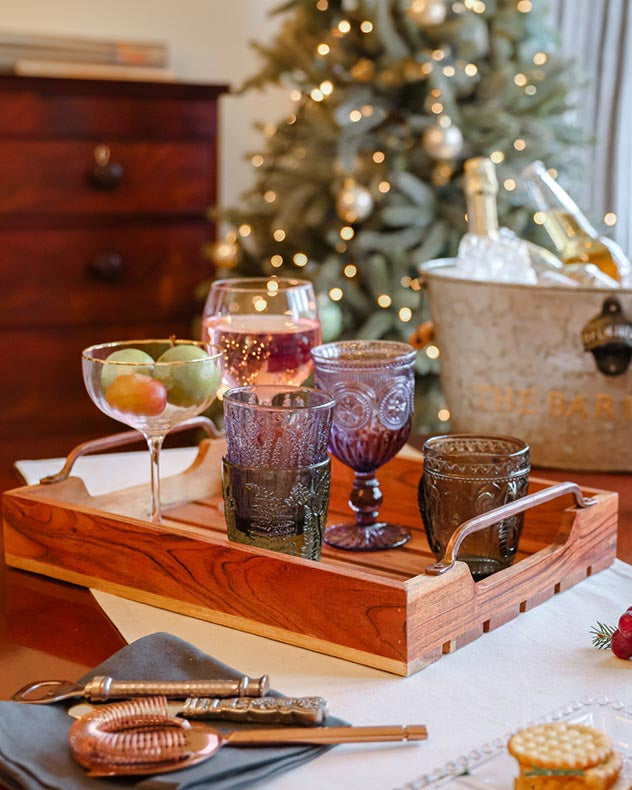 Acacia Wood Bar Tray with Copper Handles