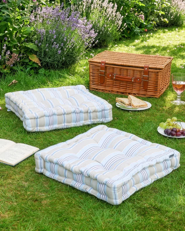 Two Pack Blue & Brown 100% Cotton & Polyester Seat Pads - Set of Oxford Stripe Box Cushions