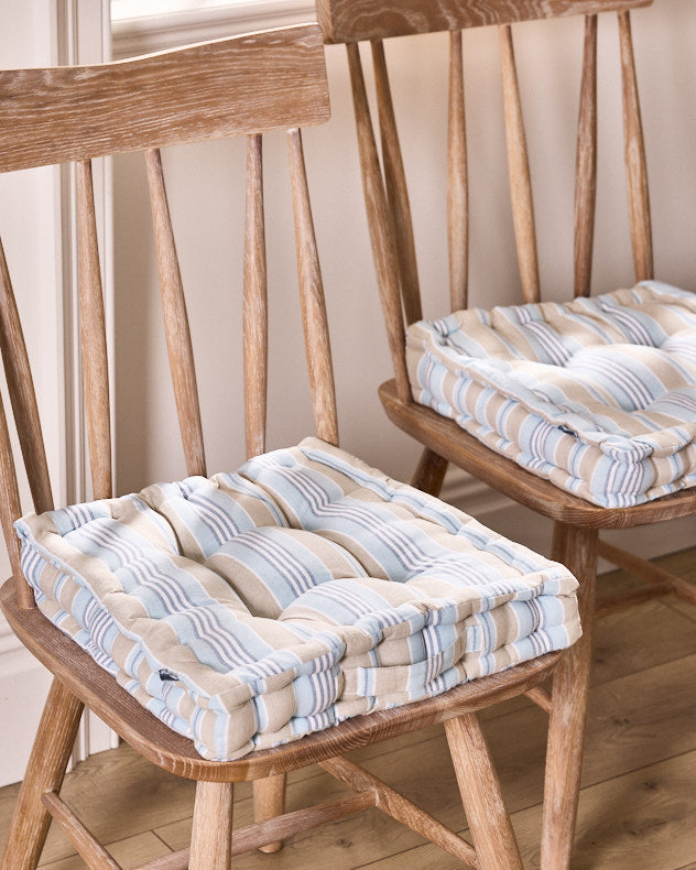Two Pack Blue &amp; Brown 100% Cotton &amp; Polyester Seat Pads - Set of Blue Stripe Seat Cushions