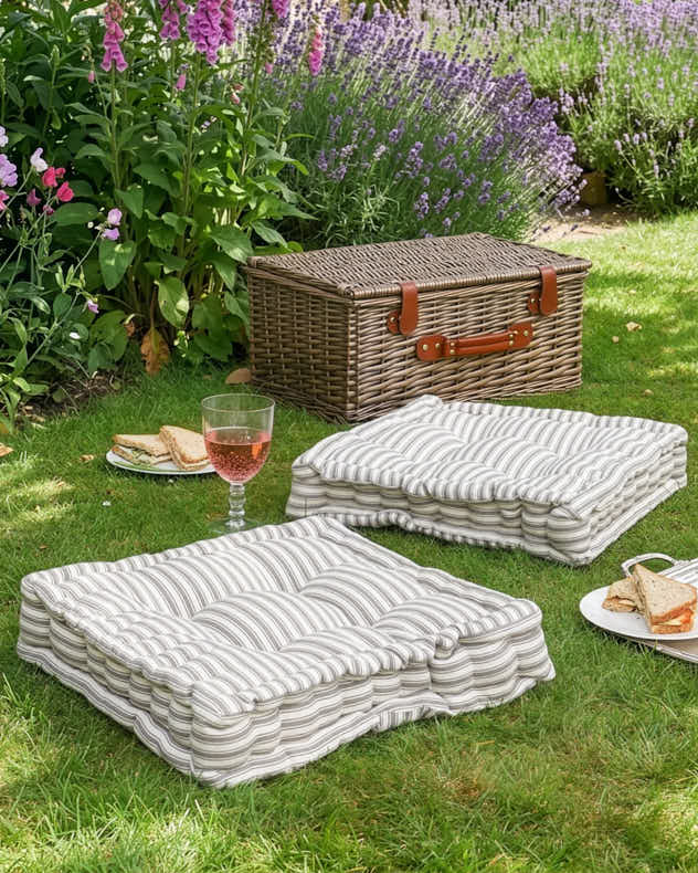 Grey 100% Cotton & Polyester Seat Pads - Set of 2 Grey Striped Mattress Cushions