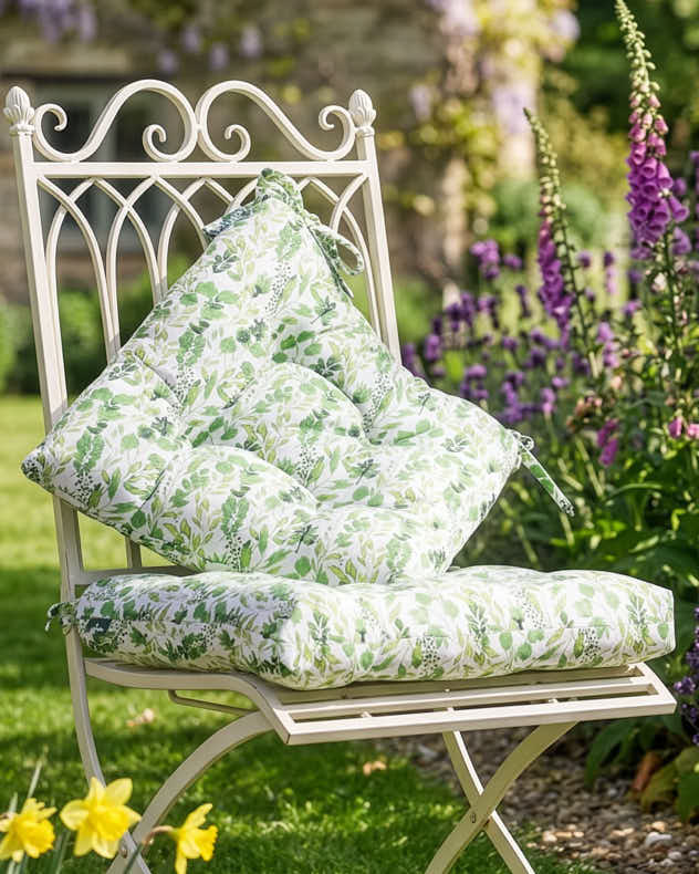 Two Pack Green &amp; White 100% Cotton &amp; Polyester Seat Pads - Meadowbrook Garden Seat Pads