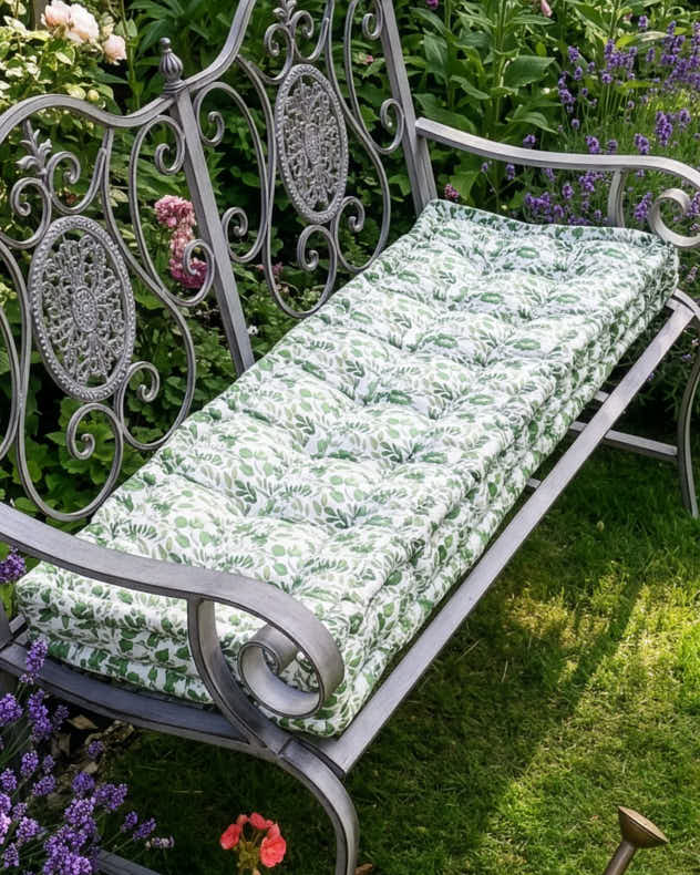 Green & White 100% Cotton & Polyester Garden Bench Cushion - Meadowbrook Leaf Garden Bench Cushion