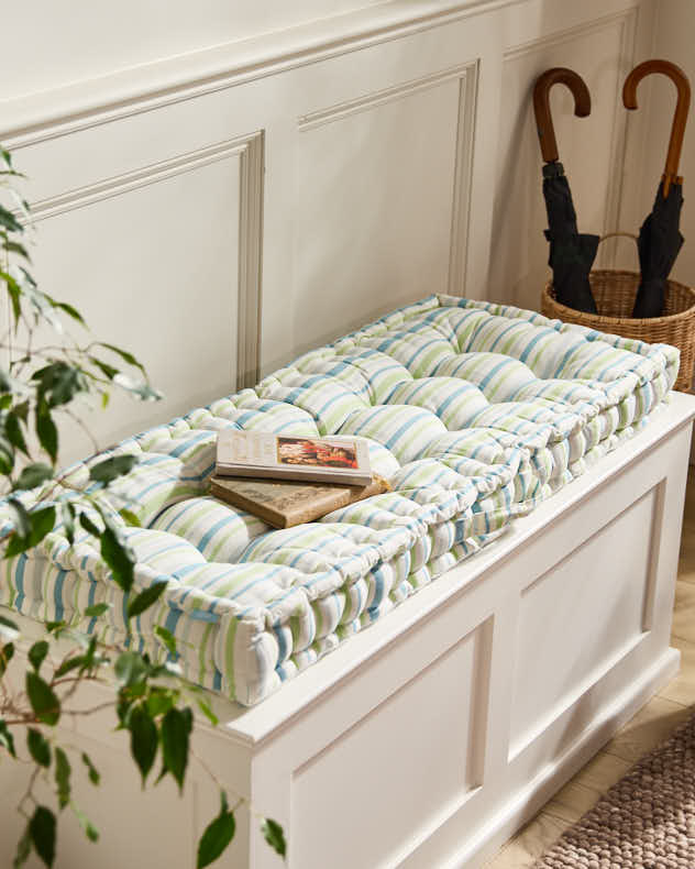 Blue &amp; Green &amp; White 100% Cotton &amp; Polyester Bench Cushions - Tenby Stripe Indoor Bench Cushion