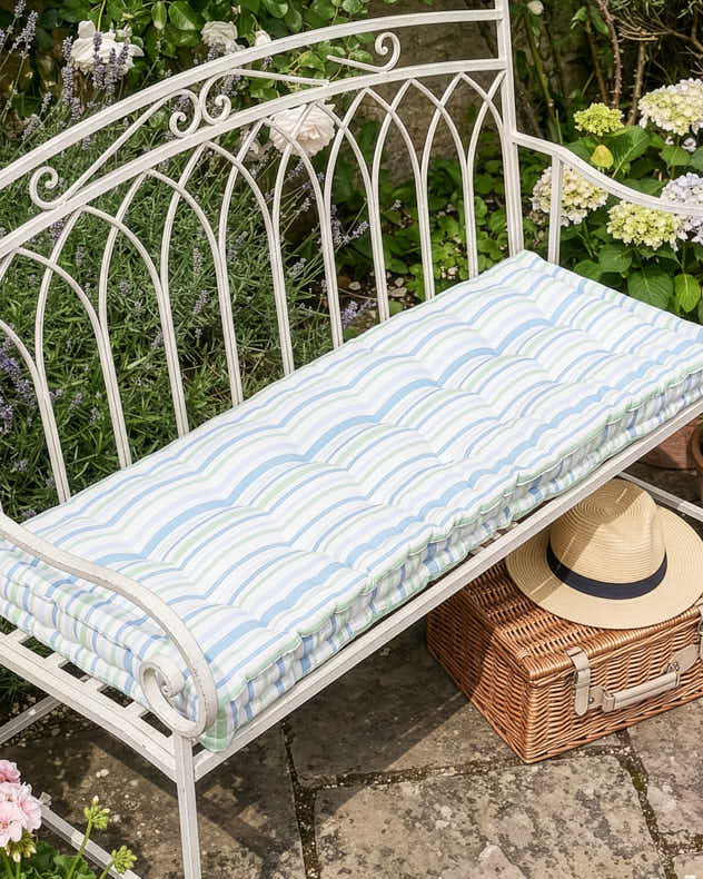 Blue &amp; Green &amp; White 100% Cotton &amp; Polyester Garden Bench Cushion - Tenby Stripe Garden Bench Cushion