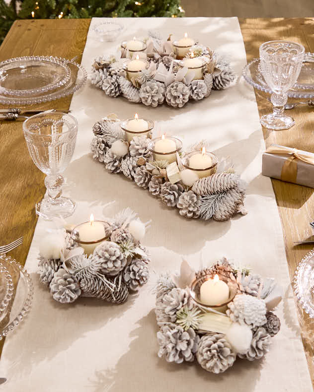 Set of 2 Single Tealight Holders White Pinecone & Glass Candle Holders - Snow Dusted Woodland Tealight Holders