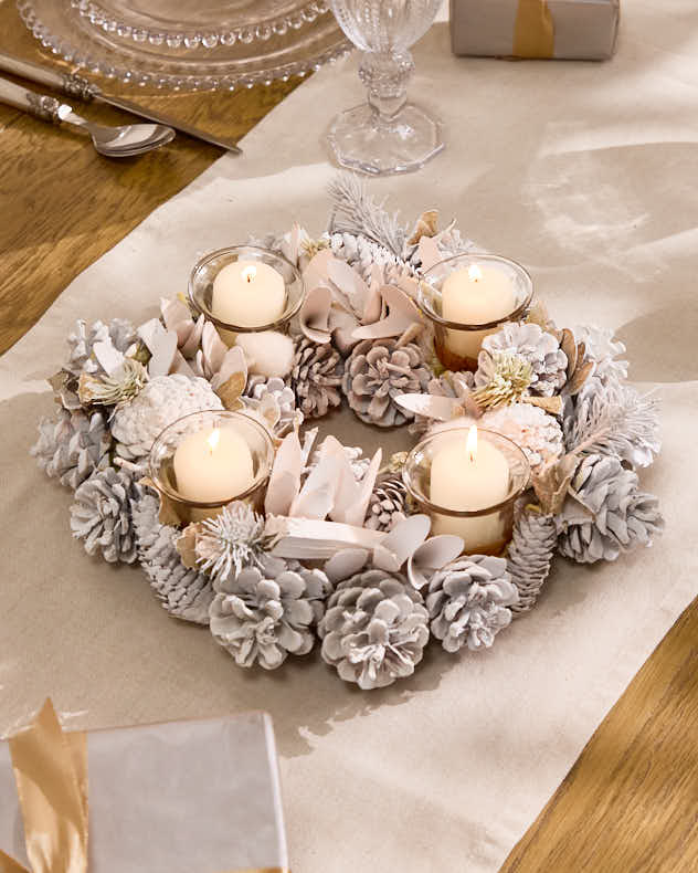 Christmas Tea Light Candle Holder Collection White Frosted Pine Cone Dining Table Centrepiece Tealight Lantern Seasonal Home Decor