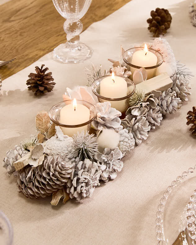 Christmas Tea Light Candle Holder Collection White Frosted Pine Cone Dining Table Centrepiece Tealight Lantern Seasonal Home Decor