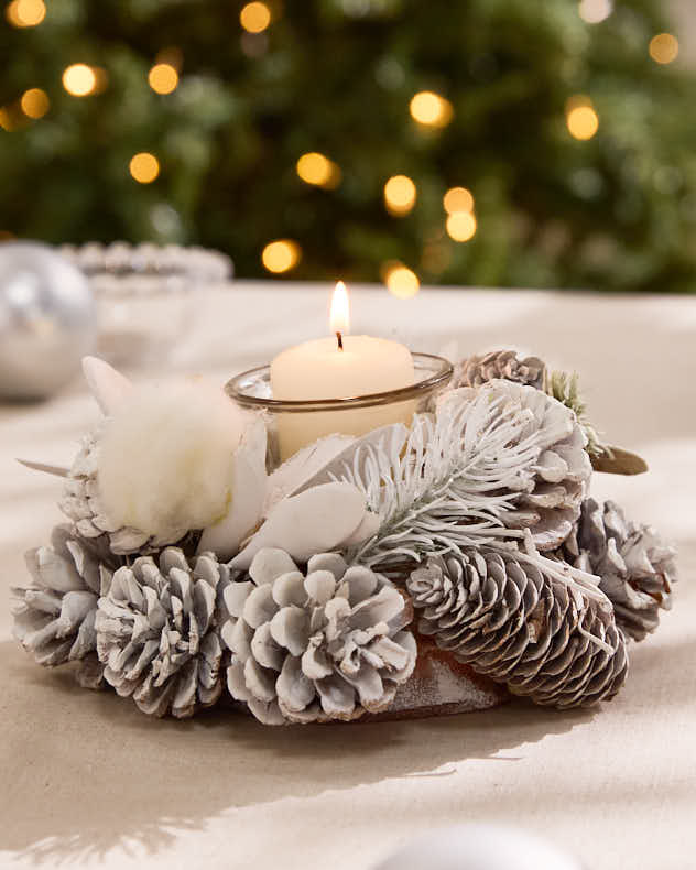 Christmas Tea Light Candle Holder Collection White Frosted Pine Cone Dining Table Centrepiece Tealight Lantern Seasonal Home Decor