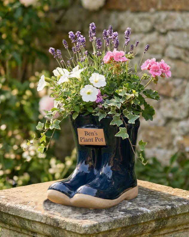 Blue Ceramic Pots &amp; Planters - Personalised Small Blue Welly Planter