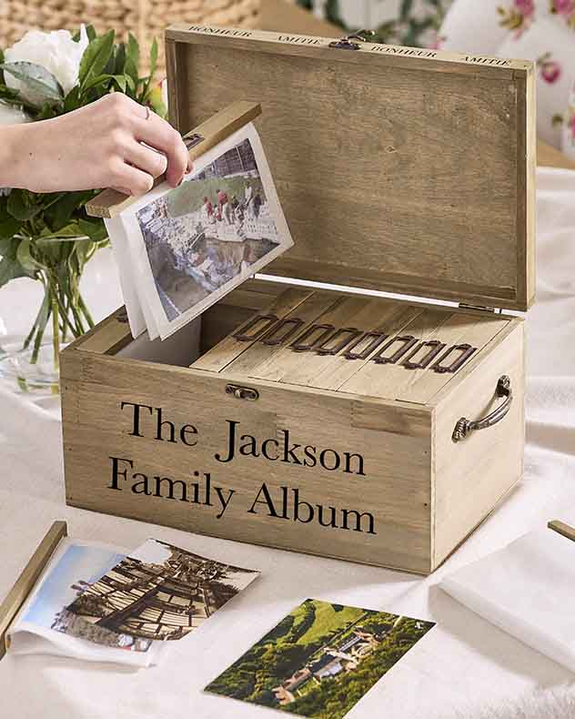 Brown Wood Photo Frames - Personalised "Portraits De Famille" Wooden Photo Box