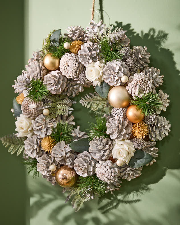 White & Orange & Green Polyester & Plastic Wreaths - Frosty Amber Rose Wreath