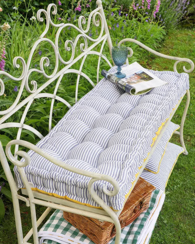 Blue &amp; Yellow &amp; White 100% Cotton &amp; Polyester Garden Bench Cushion - Nautical Stripe Garden Bench Cushion