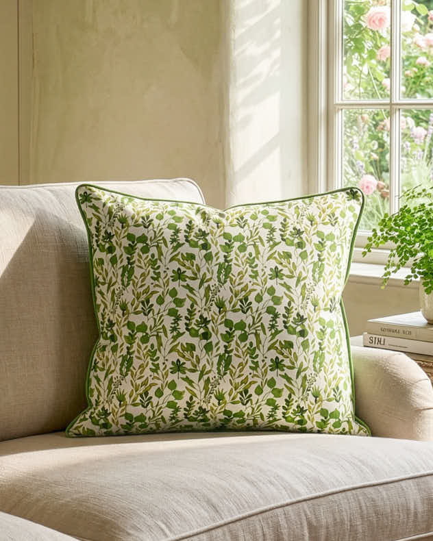 Green & White 100% Cotton & Polyester Seat Pads - Meadowbrook Botanical Large Scatter Cushion