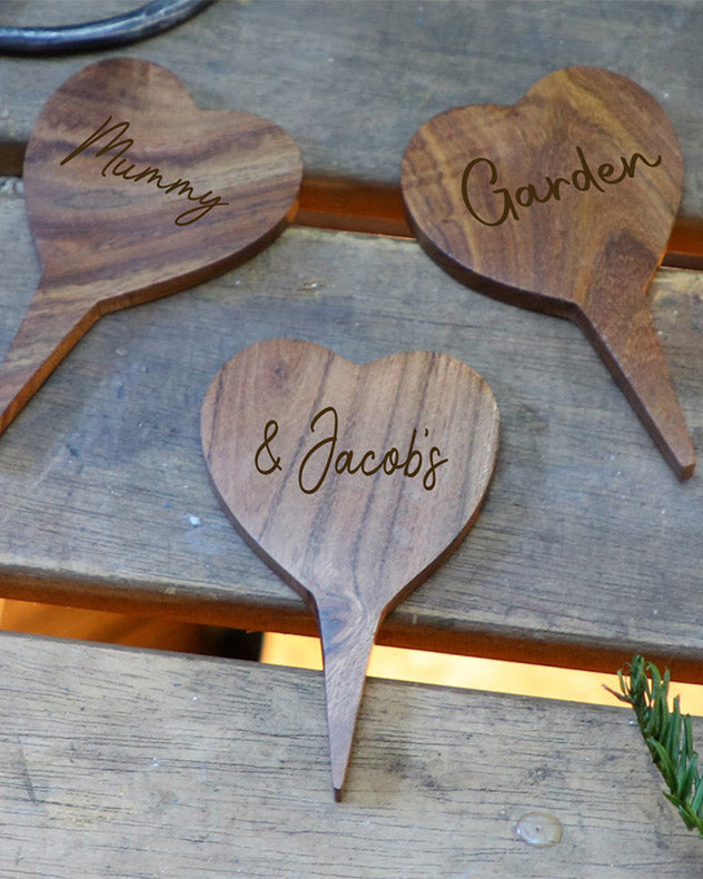 Brown Wood Pots & Planters - Set of 3 Personalised Wood Heart Plant Markers