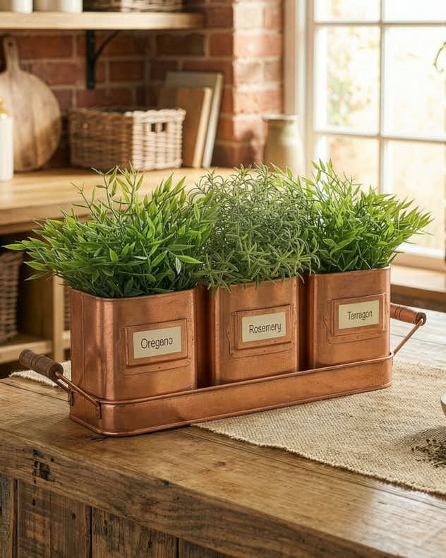 Copper Metal Pots & Planters - Set of 3 Copper Finish Herb Pots on Tray