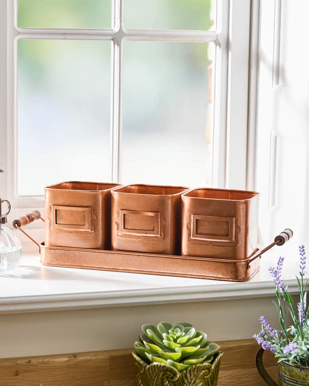 Set of 3 Copper Finish Herb Pots on Tray