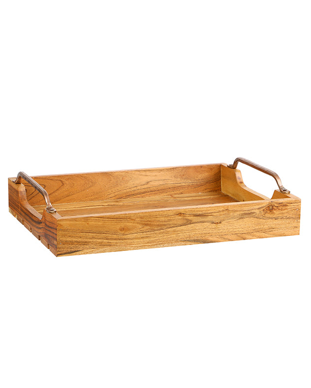 Slatted Acacia Wood Bar Tray with Copper Handles