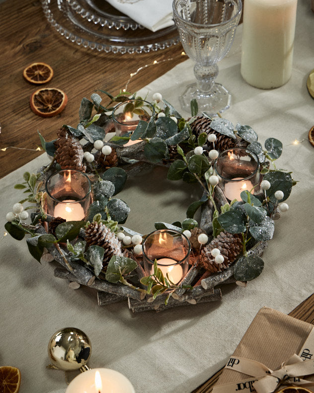Green &amp; Brown &amp; Clear Wood &amp; Plastic &amp; Glass Candle Holders - Eucalyptus Wreath Candle Holder