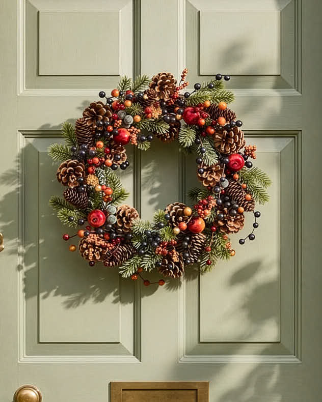 Orange & Red & Brown & Green Pinecone & Plastic Wreaths - Winter Fruit Berry Wreath
