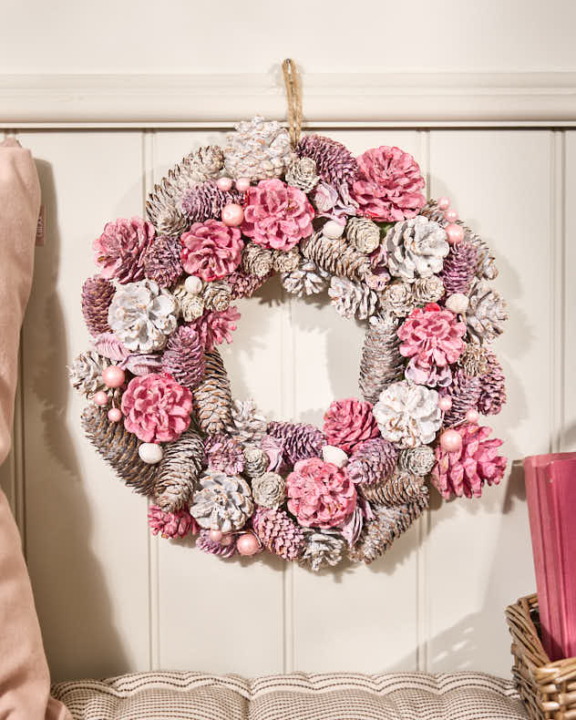 Pink & Brown Wood & Pinecone Wreaths - Pink Pearl Frosted Wreath