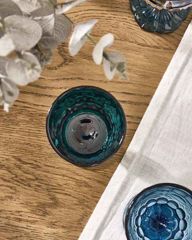 Blue wine glass top view