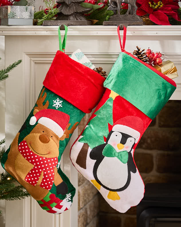 Penguin Red & Green & White & Orange Velvet Stockings - Festive Friends Penguin & Reindeer Stocking