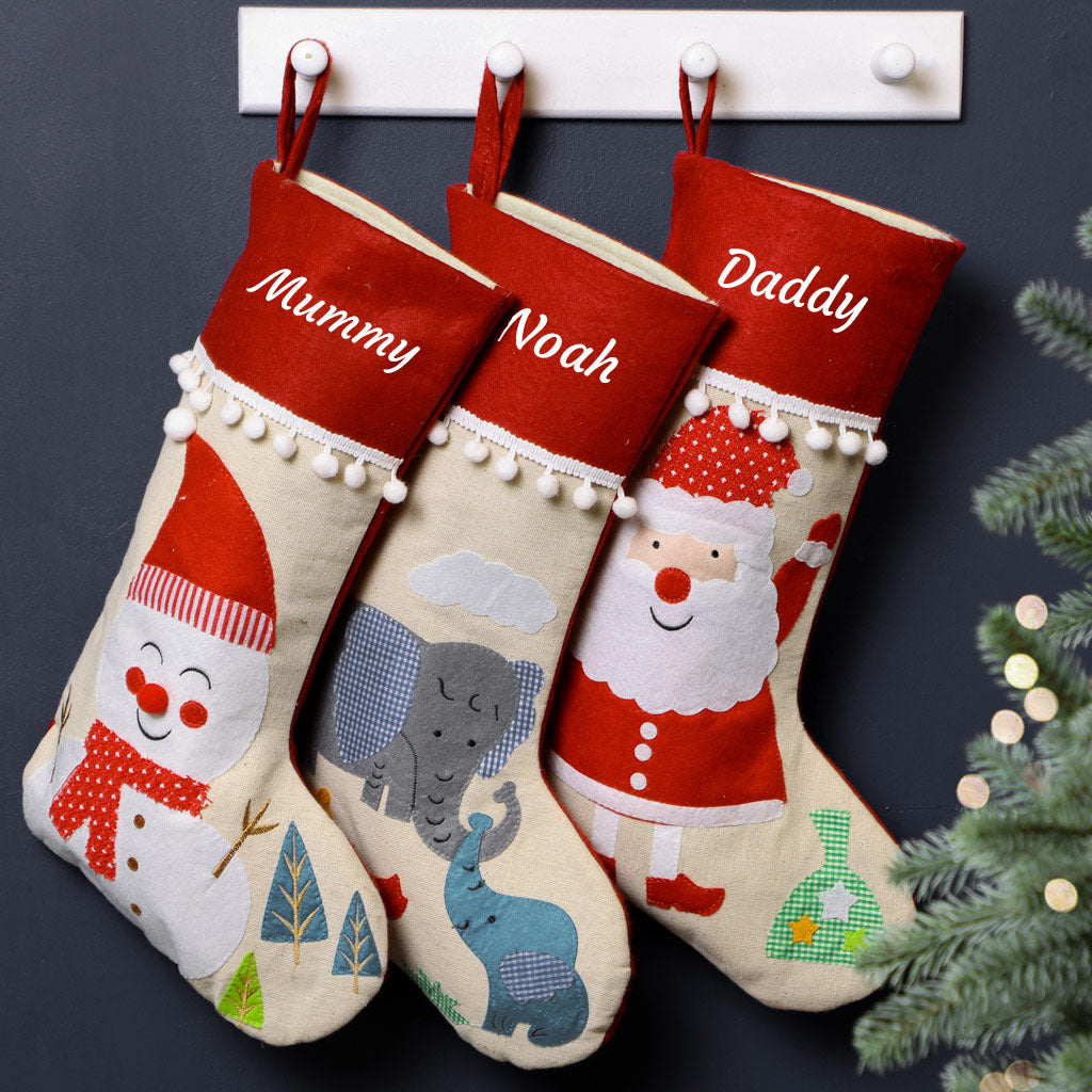 Santa Red & White & Green  Stockings - Personalised Pom Pom Stocking