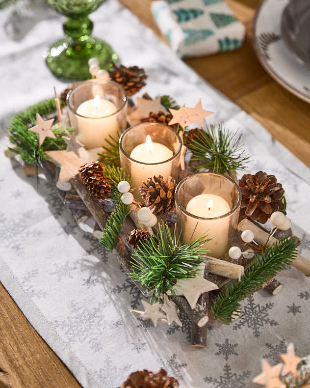 Brown &amp; Green &amp; White Wood &amp; Pinecone Candle Holders - Shooting Star Candle Holder Trio