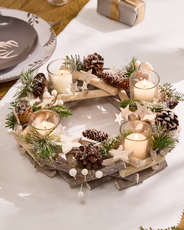 Brown &amp; White &amp; Green Wood &amp; Pinecone &amp; Plywood &amp; Plastic Candle Holders - Shooting Star Christmas Candle Wreath