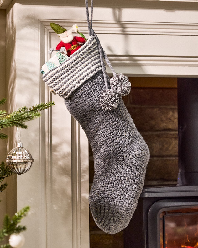 Grey Chunky Knit Pom Pom Stocking