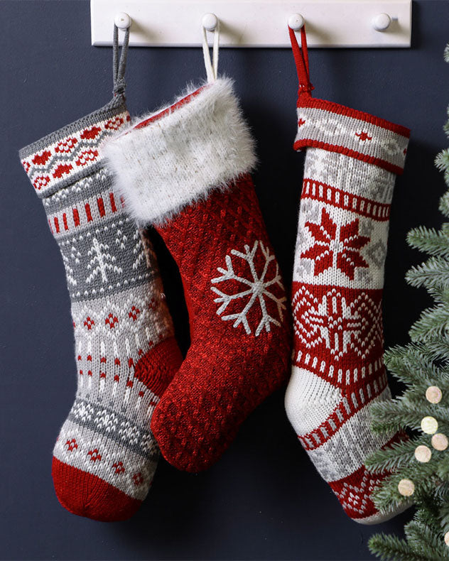 Knitted Fair Isle Christmas Stocking Extra Large Grey, Red & White Knit Festive Gift Sack with Traditional Nordic Style Designs