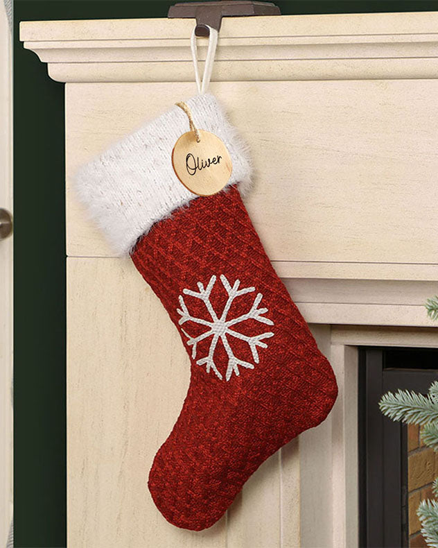 Personalised Christmas Stocking Traditional Nordic Snowflake Reindeer Christmas Tree Knitted Effect Red & Grey Hanging Mantelpiece Stocking