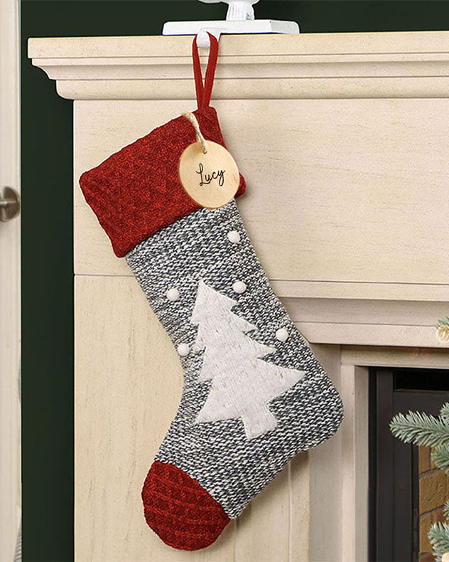 Personalised Christmas Stocking Traditional Nordic Snowflake Reindeer Christmas Tree Knitted Effect Red & Grey Hanging Mantelpiece Stocking