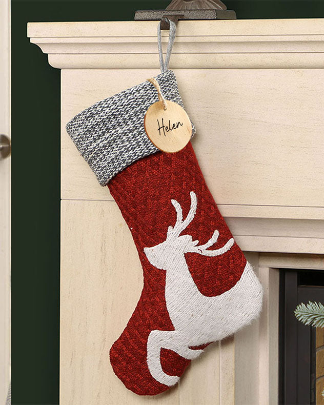 Personalised Christmas Stocking Traditional Nordic Snowflake Reindeer Christmas Tree Knitted Effect Red & Grey Hanging Mantelpiece Stocking