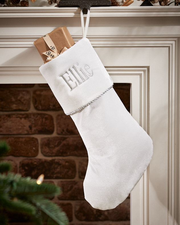 Personalised Knightsbridge White Velvet Christmas Stocking