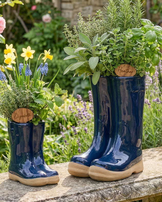 Small Blue Ceramic Pots & Planters - Dark Blue Welly Boot Planter with Personalised Marker
