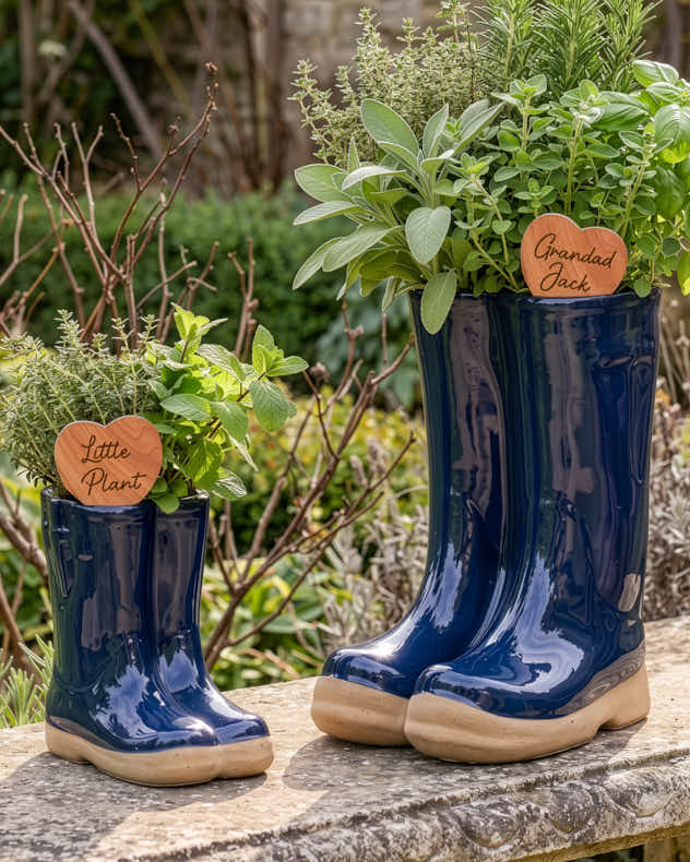 Dark Blue Welly Boot Planter with Personalised Marker