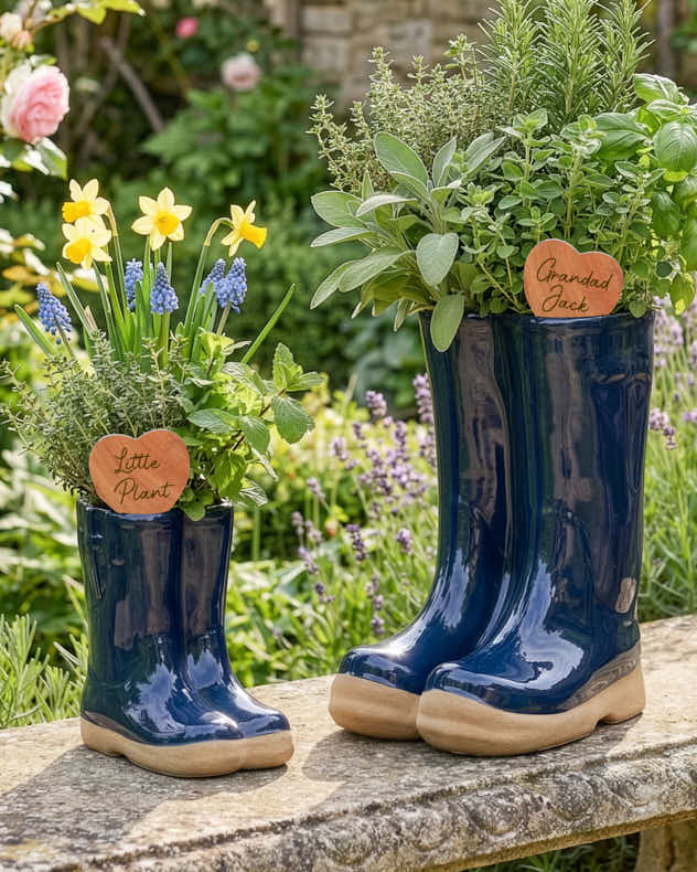 Dark Blue Welly Boot Planter with Personalised Marker