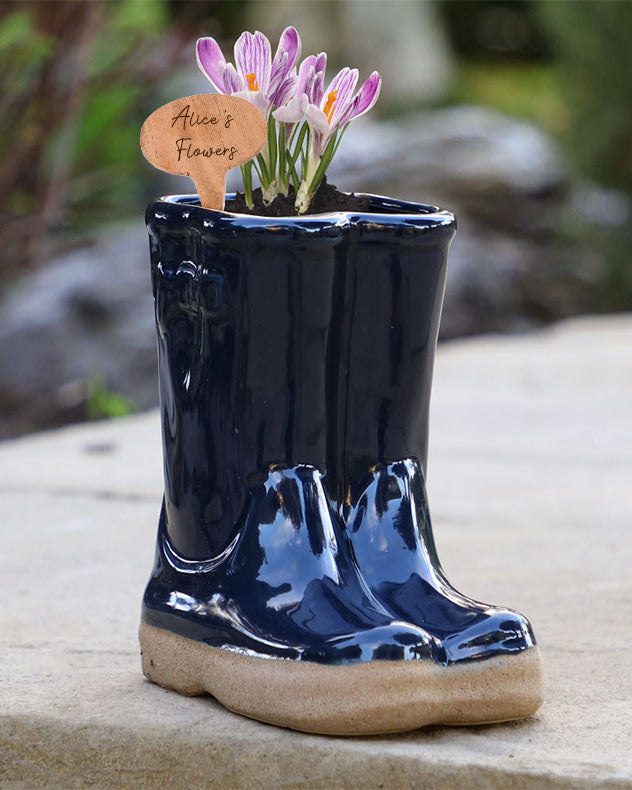 Midnight Blue Welly Boots Planter with Personalised Marker