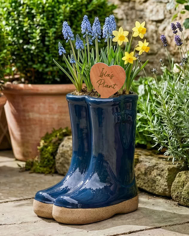 Dark Blue Welly Boot Planter with Personalised Marker