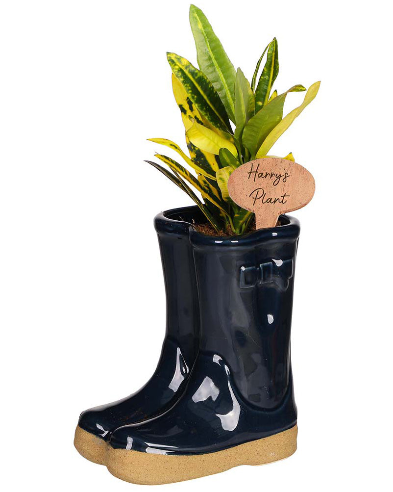 Midnight Blue Welly Boots Planter with Personalised Marker