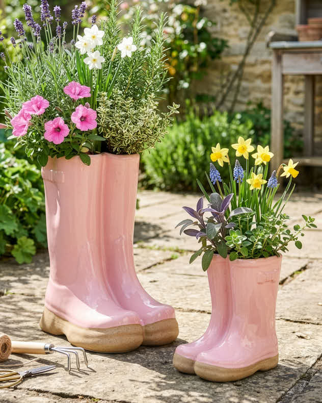Pink Ceramic Pots &amp; Planters - Little &amp; Large Pink Welly Boots Planter Set