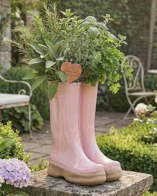 Large Pink Welly Boot Planter with Personalised Heart Marker
