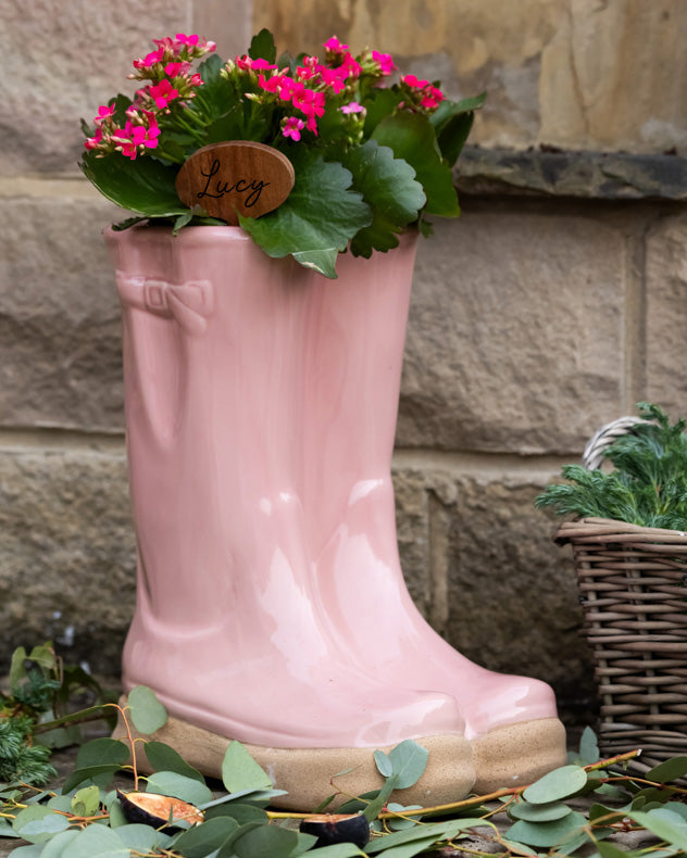 Large Pink Wellington Boots Planter with Personalised Marker